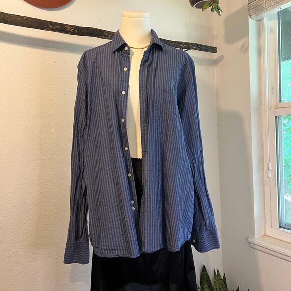 Ordean Blue Vertical Striped Long Sleeve Button Down Linen Shirt Italy Size XL - Picture 1 of 14